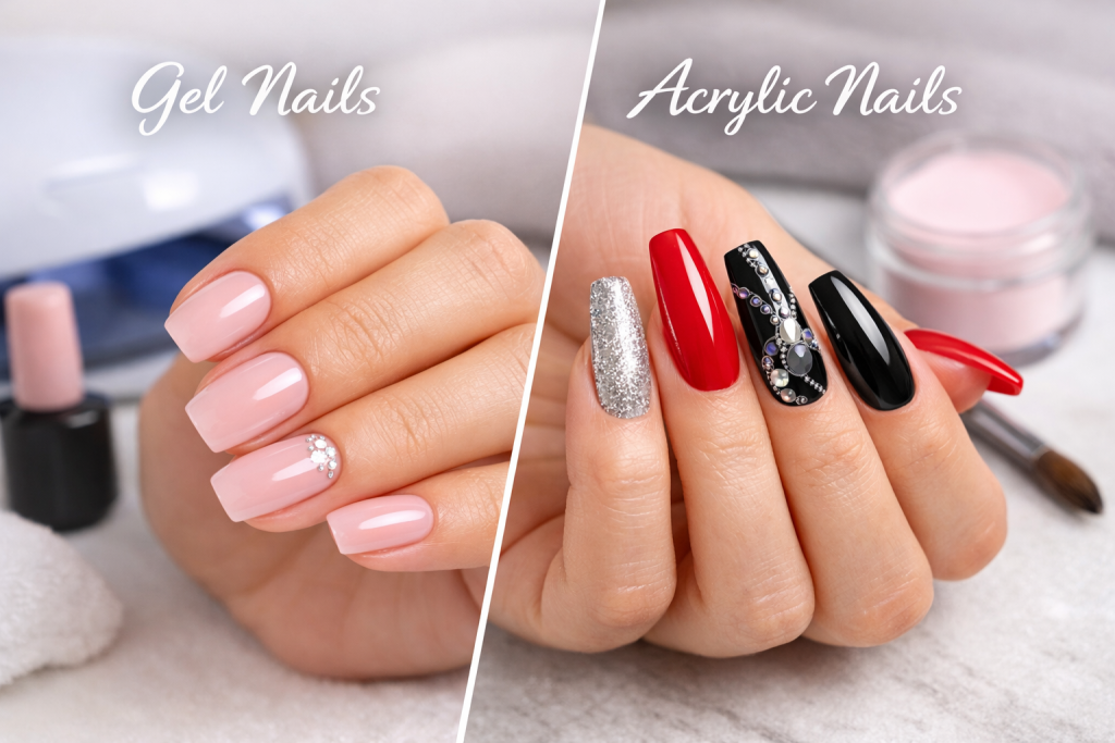 A side-by-side comparison of gel nails and acrylic nails. On the left, soft pink gel nails with delicate rhinestone embellishments, and on the right, bold acrylic nails with a red, black, and glittery design, adorned with rhinestones and intricate details. Both sides are labeled 'Gel Nails' and 'Acrylic Nails' in elegant white script, showcasing the differences in style, finish, and design between the two types of nail enhancements.