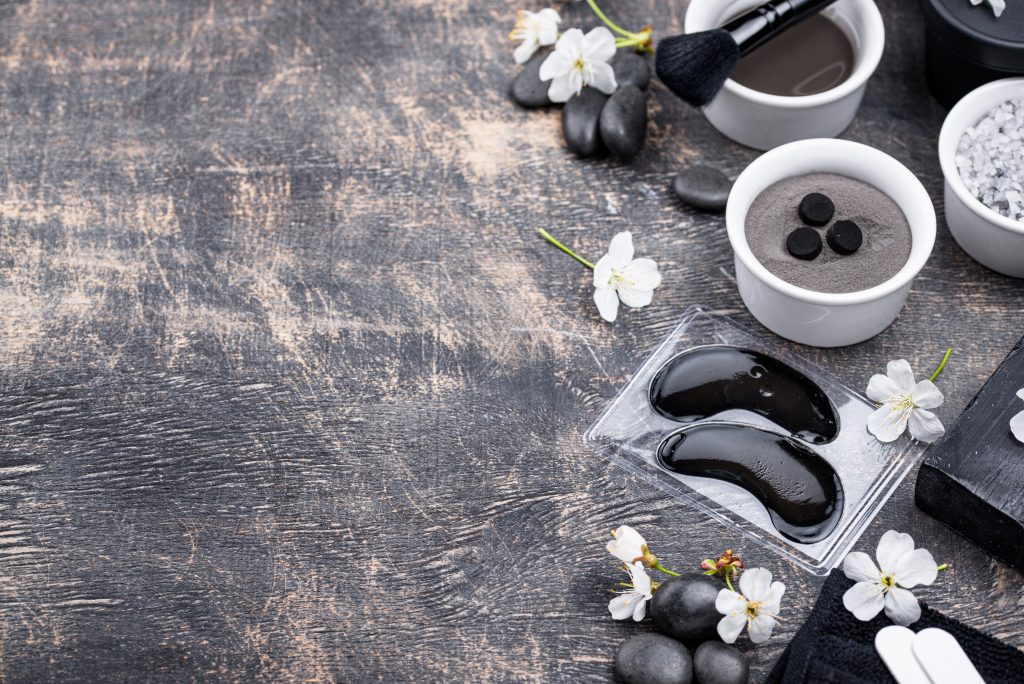 Set of black charcoal detox cosmetics. Skincare concept